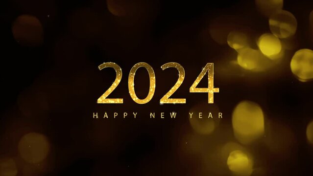 Happy New Year greeting, New Year 2024, gold background with bokeh