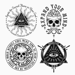 Obraz premium Set of labels with all seeing eye, skulls, labyrinth, text. Concept of intuition, secret knowledge, psychic abilities Monochrome mystical vintage illustrations for clothing, apparel, T-shirts design