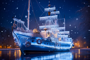 Sailing ship decorated with Christmas lights at night, cold blue and white, snowing, winter season,...