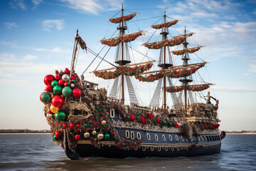 Wooden sailing ship decorated with Christmas garlands and ornaments, red and green, winter season,...