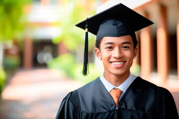 Portrait of a young man graduate in cap and gown looking at camera Education, goal or university, opy space for text