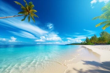 Fototapeta na wymiar Beautiful summer beach with sand, tropical background, and serene sea. Generative AI