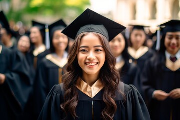 Portrait of a smiling asian female graduate in cap and gown looking at camera against the background of university graduates. Education concept 