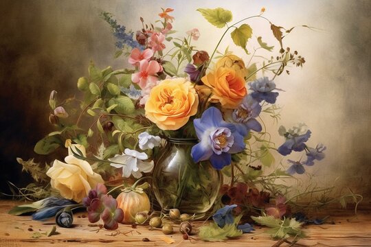 Illustration of flowers in a watercolor still life. Generative AI