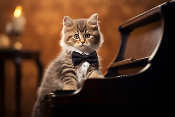 Classy kitten with bowtie playing on wooden piano. Artistic and cultural concept. Cute feline. Design for event poster, banner, greeting card - obrazy, fototapety, plakaty