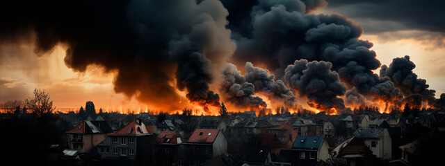 Explosion in the city black smoke. Generative AI,