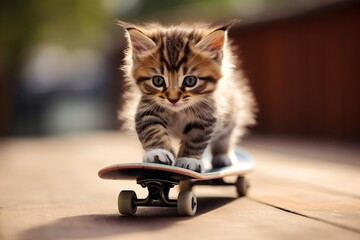 Curious kitten skateboarding on blurred background. A sunny summer day. Funny photo of a cute pet. Design for banner, print, poster