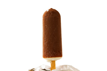 Close-up view of ice cream on stick with chocolate glaze isolated on white background.