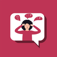 Confused girl holding her head. Psychological problems. Vector image on a red background