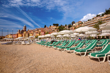 Colorful old town and beach in sunny Menton, French Riviera, France - obrazy, fototapety, plakaty