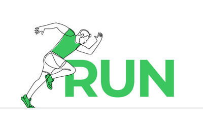 Single continuous drawing of an athlete running for victory. Run. Athletics. Colored elements and title. One line vector illustration