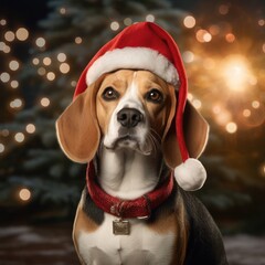 Cheerful Beagle in  Christmas Attire Spreads Holiday Joy with Cute Pet Appeal