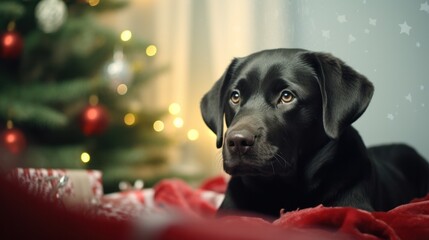 Cheerful Black Labrador Puppy Celebrating Christmas with Tree, Gifts, and Decorations