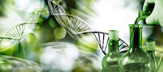 image of stylized dna chains on a blurred background. 3D-image