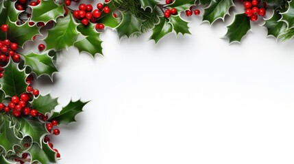 Christmas Plant Border: Holly, Fir, and Other Plants on White Background for Winter Holiday Designs
