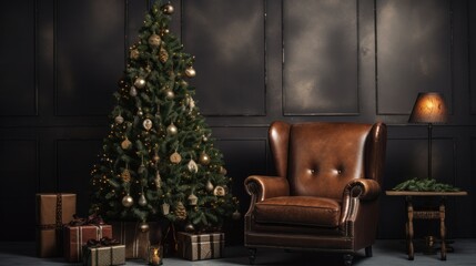 Cozy Christmas Setting: Leather Armchair and Decorated Tree in Concrete Loft with Gift Boxes on Floor
