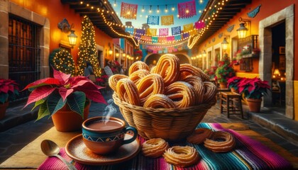 exican buñuelos, crispy pastries sprinkled with sugar, captured with impeccable lighting and presented in a colorful woven basket with a mug of hot chocolate                              - obrazy, fototapety, plakaty