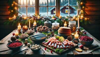 Swedish julbord, a traditional Christmas smorgasbord, showcasing pickled herring, meatballs, and crispbread, set on a rustic wooden table with candles, pinecones, and lingonberries. - obrazy, fototapety, plakaty