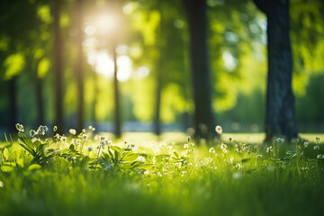 Idyllic Summer Serenity A Perfect Natural Landscape with Defocused Green Forest Trees, Wild Grass, and Sun Beams. created with Generative AI