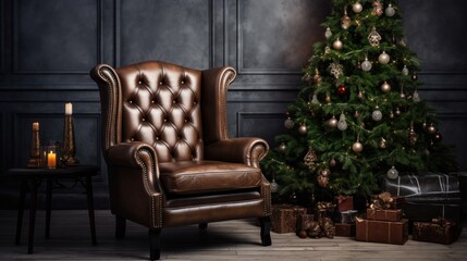 Cozy Christmas Lounge: Leather Armchair and  Tree against a Concrete Backdrop