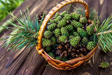 basket of vibrant green pine cones, destined for healing jam