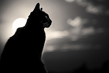 Fototapeta premium Cat silhouette against setting sun. Monochrome photo. Evening serenity. Design for canvas print, poster, or banner with copy space for text