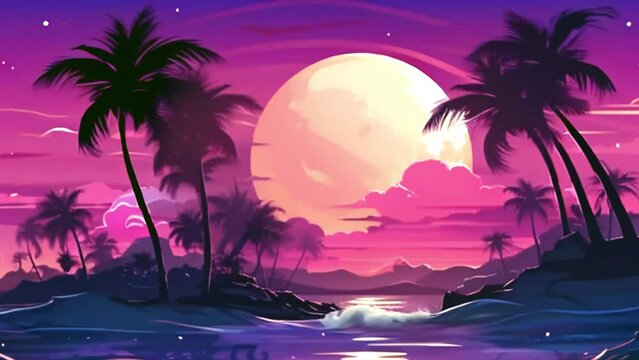 Tropical Island Sunset with Palm Trees