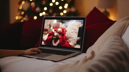 Cozy Christmas Freelancing: Laptop, Ornaments, and Presents on a Bed