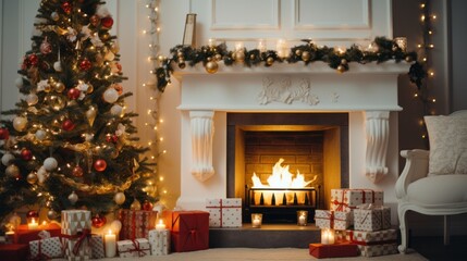 Cozy Christmas Home with  Tree and Warm Fireplace Glow