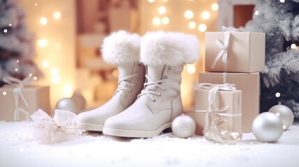 Cozy Christmas Gifts with White Felt Boots and Wool Socks