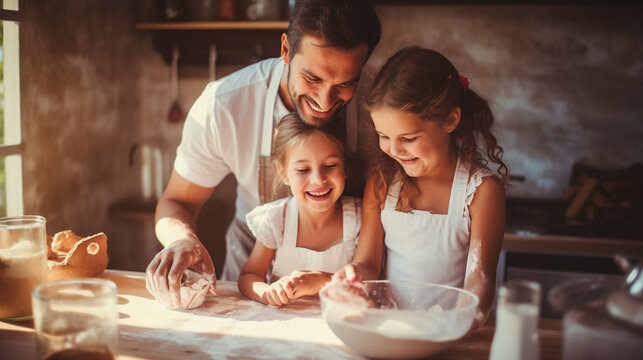 Father and daughter prepare dough in the kitchen. Generative AI,