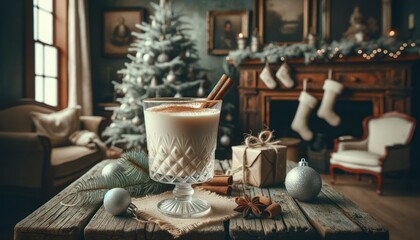 Fototapeta na wymiar American eggnog, a creamy festive drink, served in a crystal glass with a sprinkle of nutmeg and cinnamon stick, placed on a weathered wooden table with vintage decorations.