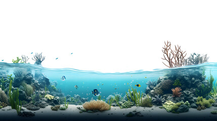 Ocean underwater with corals and seaweed on transparent background. Generative AI