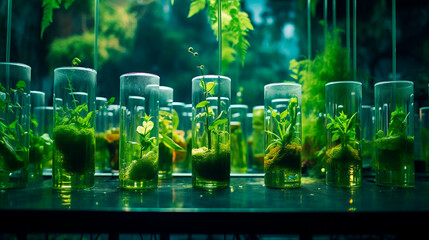 Plants in test tubes in the laboratory. Generative AI,
