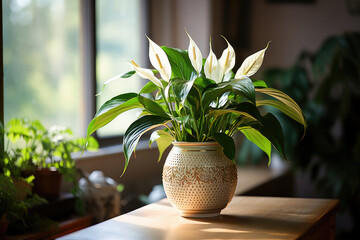 Lush peace lily in a decorative carved pot, bathed in soft sunlight near a window, enhancing a home's ambiance.