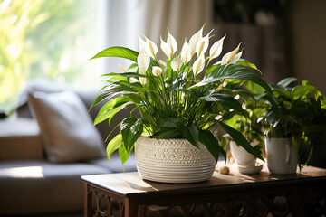 Peace lily plant with radiant white flowers in a textured pot, bathing in morning sunlight in a cozy living room setting.