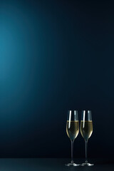a minimalistic  sylvester blue background two champagne glasses, with empty copy space,  - obrazy, fototapety, plakaty