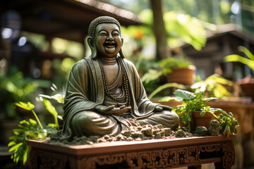 Smiling Buddha statue on a detailed wooden table, surrounded by lush greenery in a peaceful garden setting. - obrazy, fototapety, plakaty