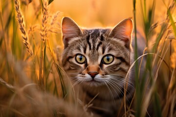 Naklejka na ściany i meble Cute tabby cat peeking out from a golden wheat field. Autumn season vibes. Design for wallpaper, poster, banner