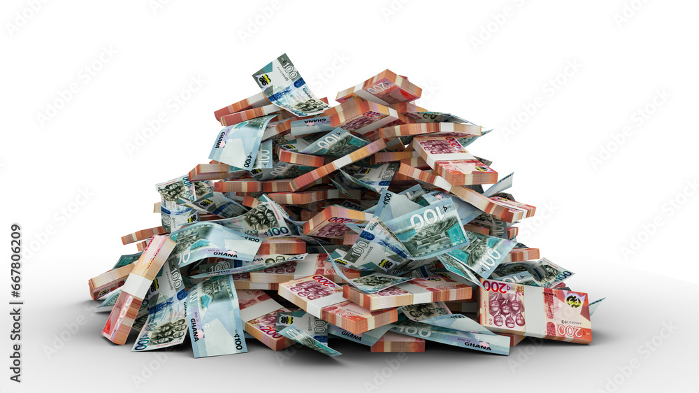 Poster big pile of ghanaian cedi notes. a lot of money isolated on transparent background. 3d rendering of 