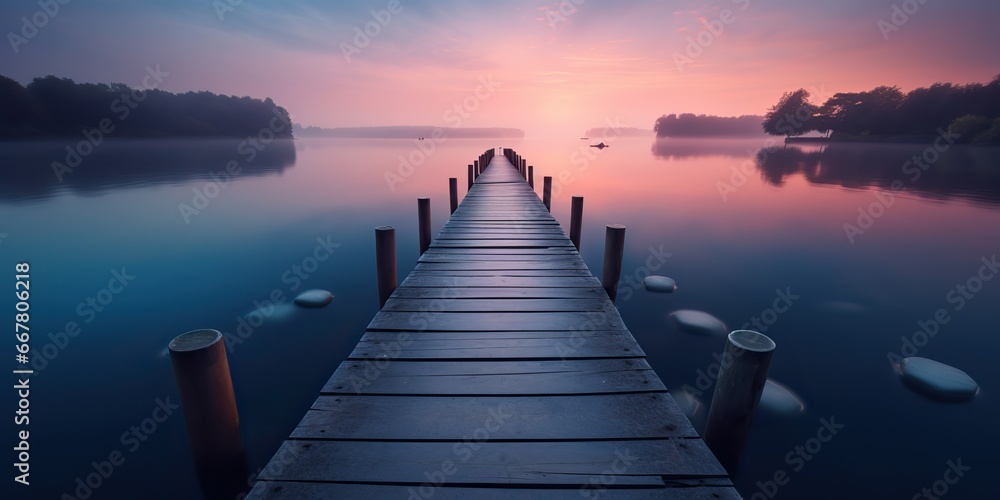 Wall mural AI Generated. AI Generative. Dock wooden pier at sunset. Romantic relaxing vibe background. Lake outdoor peace landscape.