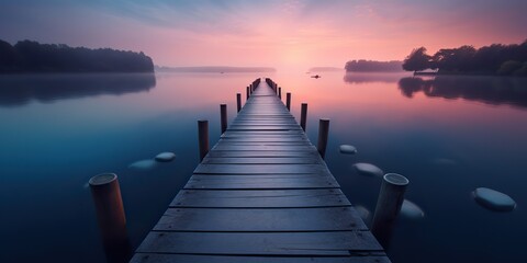 Obraz premium AI Generated. AI Generative. Dock wooden pier at sunset. Romantic relaxing vibe background. Lake outdoor peace landscape.