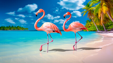 Flamingo on the seashore. Generative AI,