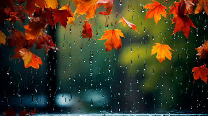 Autumn raindrops and leaves on the window. Generative AI,