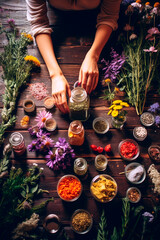 A woman holds supplements in her hands with herbs and flowers. Generative AI,