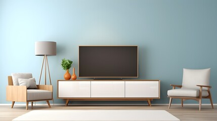 Modern living room with lamp and sofa against tv on top of wooden cabinet, generative AI.