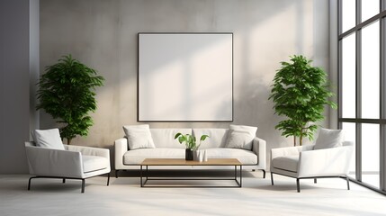 Modern living room with furniture's, coffee table and plants against white wall with white empty  art poster, generative AI. 