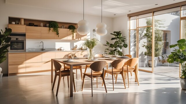 Spacious modern interior kitchen with dining table and wooden counter against white wall, generative AI.