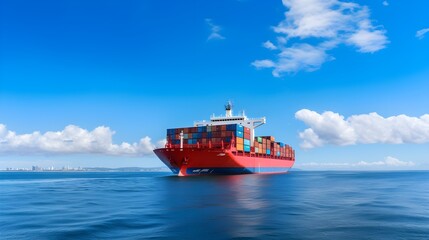 Big ship carrying containers in middle of the sea, sunny day, red ship, generative AI.