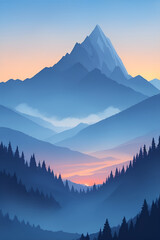 Fototapeta na wymiar Misty mountains at sunset in blue tone, vertical composition